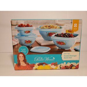 The Pioneer Woman Food Storage Bowls, 8-Piece Set - Sweet Rose Print in Blue,NEW